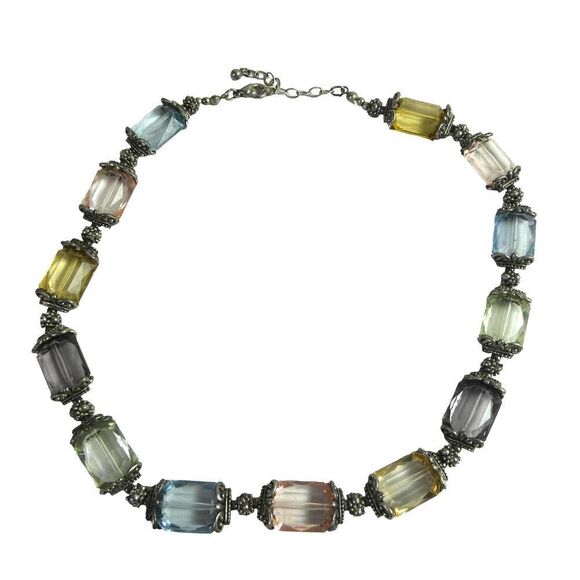 Pastel Rainbow Silver Tone Beaded Jeweled Station Necklace Pink Blue Yellow 18+" - Picture 1 of 7